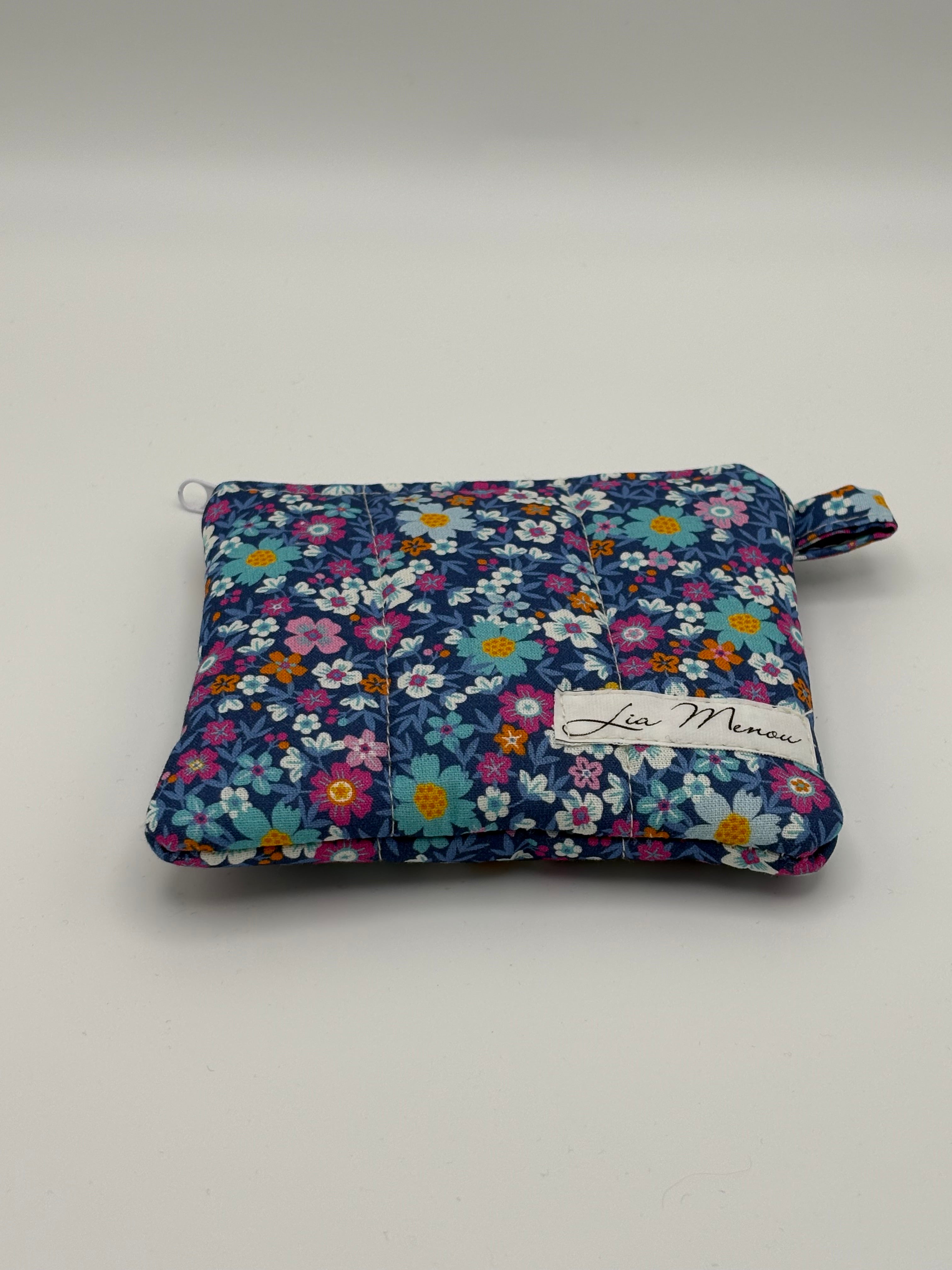 Mini Geldbörse Blau Bunte Blumen Handgemacht