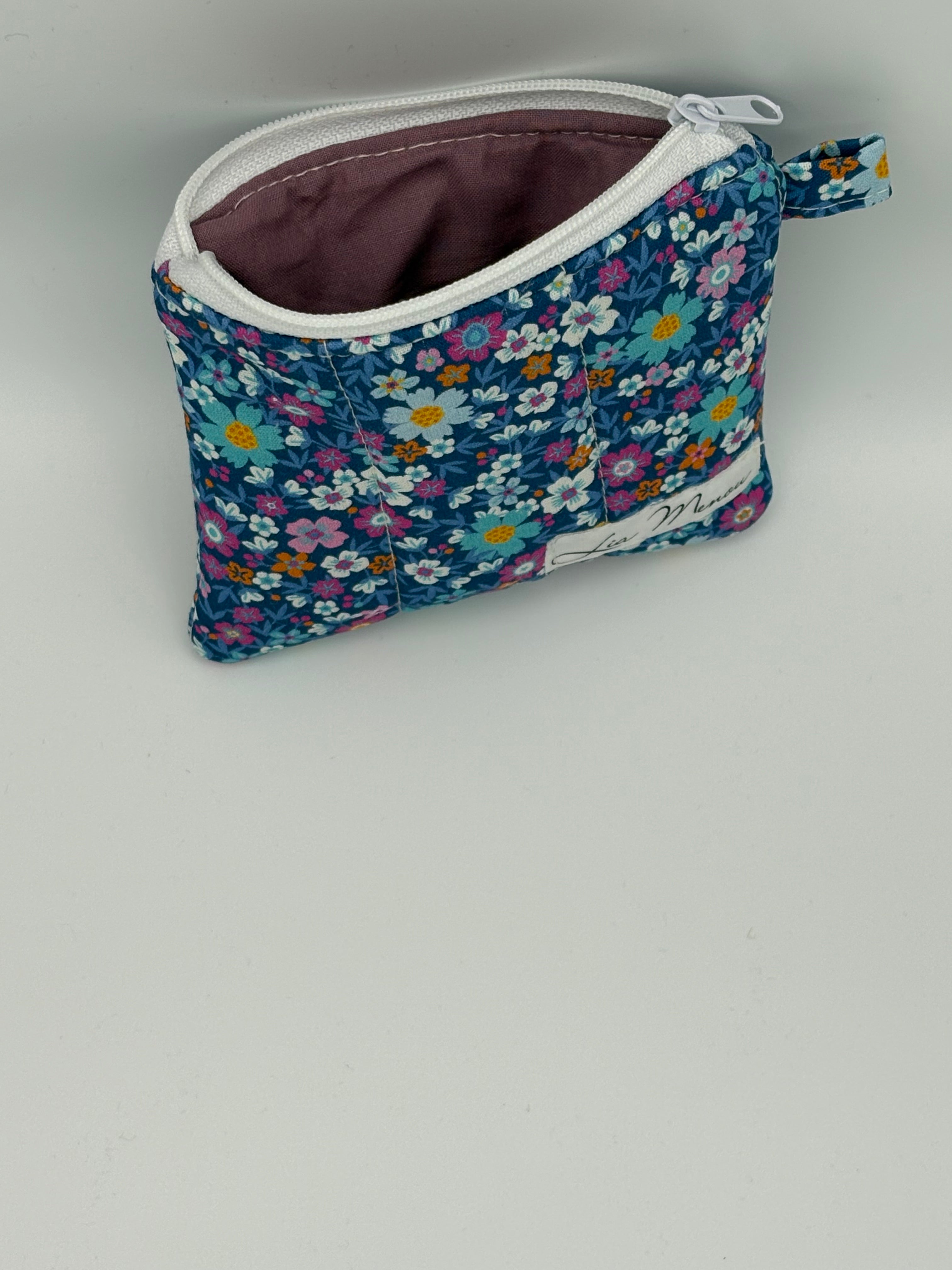 Mini Geldbörse Blau Bunte Blumen Handgemacht