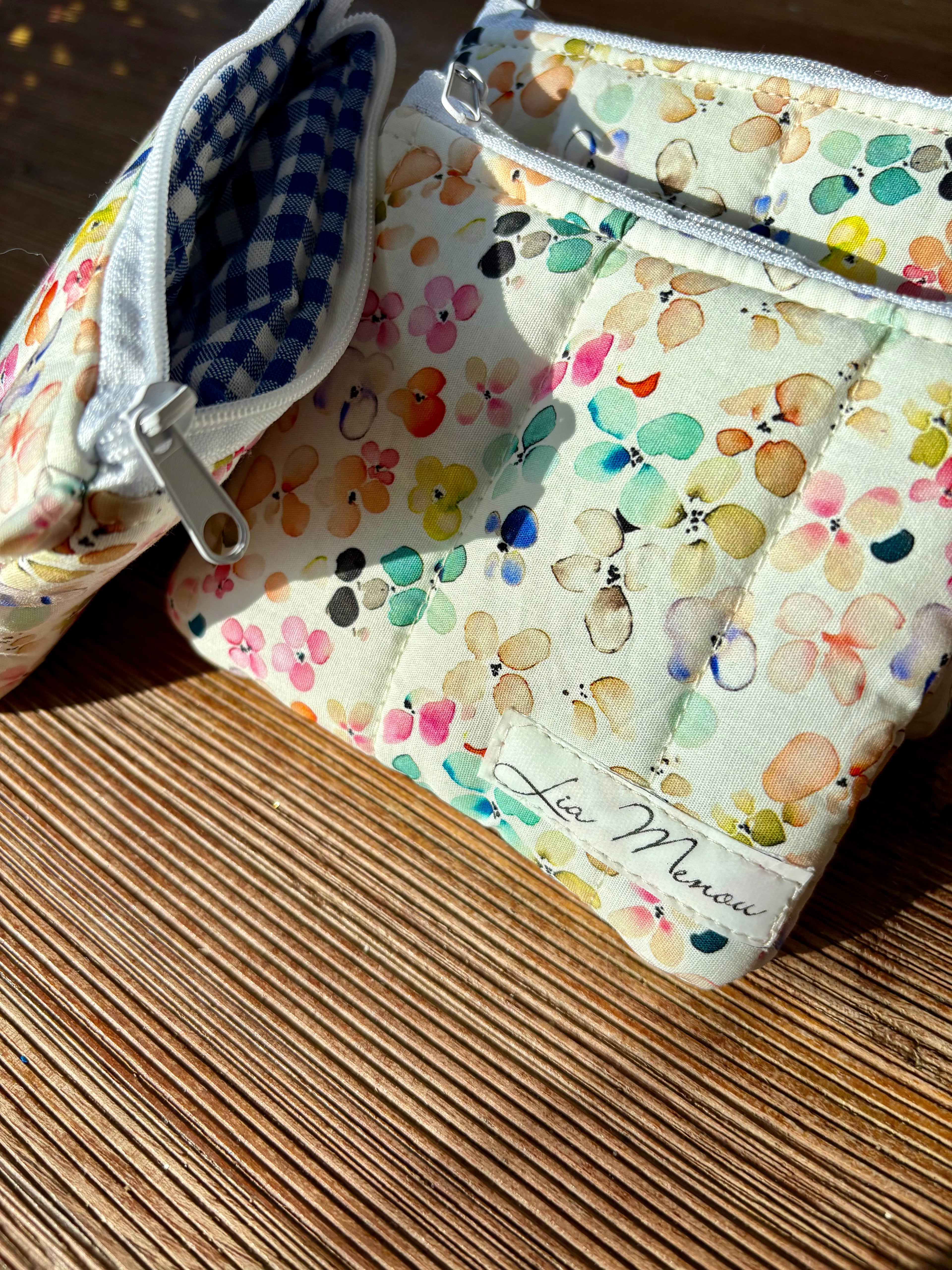 Mini Geldbörse Bunte Blumen Blaues Karo Handgemacht