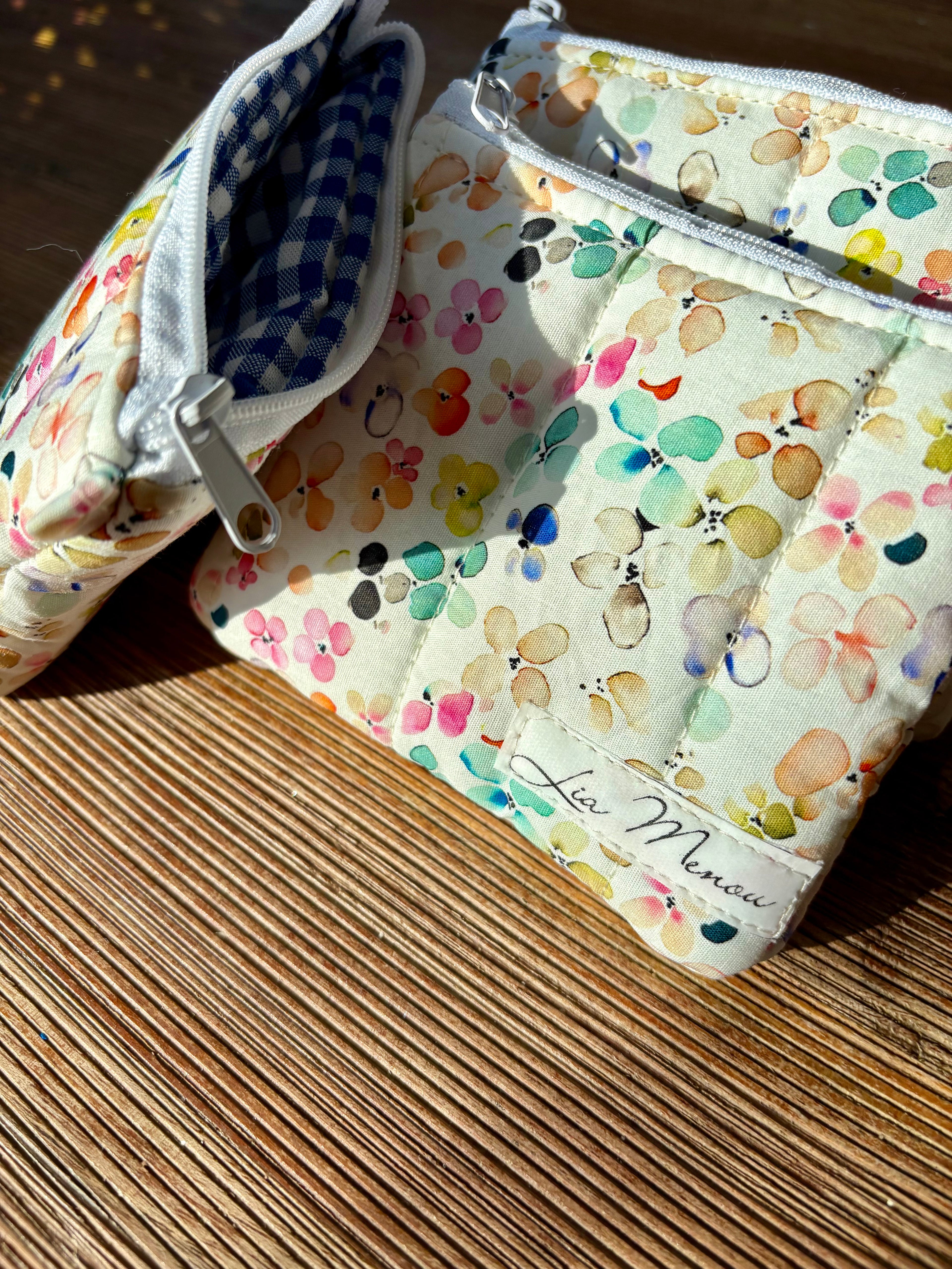 Mini Geldbörse Bunte Blumen Blaues Karo Handgemacht